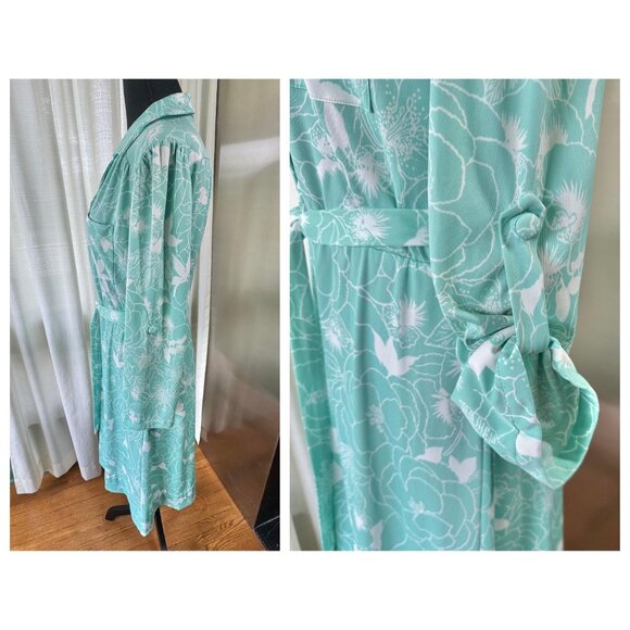 Vintage 80s shirtdress, mint green, white floral, Sears Canada, sewn-in belt tie - Picture 2 of 9